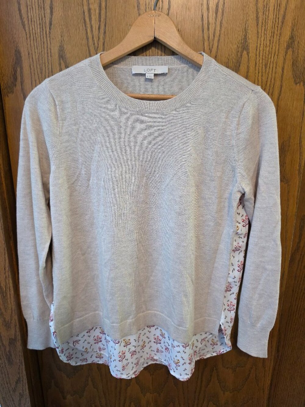 Loft Mixed Media 2-in-1 Layered Sweater Oatmeal Beige Floral Shirttail Womens M
